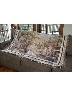 Thomas Kinkade Blanket Throw 42 x 68” Vintage Church in Country town with fringe